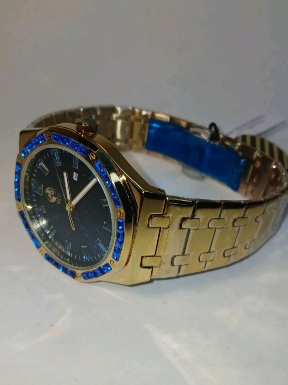 AJ VIP High Quality Mens Gold Tone Watch Blue Bezel Dial Date New With Box Tag